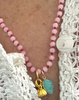 Pale Pink Glass Necklace on Red Knotted Cord- Amazonite