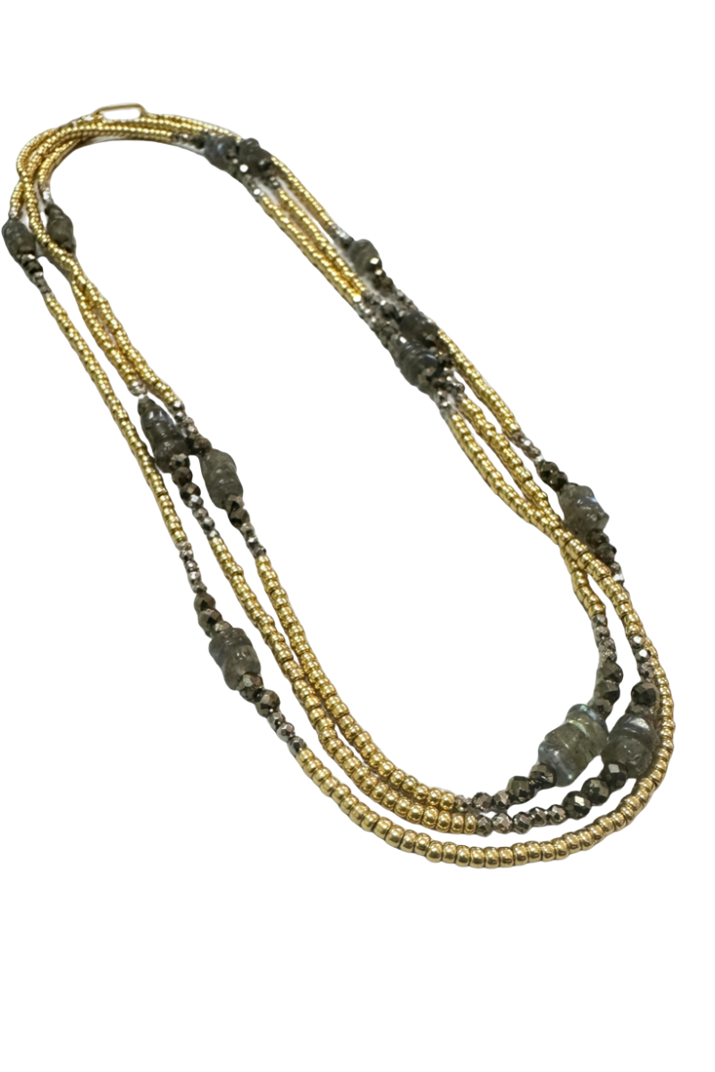 The Makery Collection, Triple Wrap Necklace - Sparkling Pyrite, Labradorite and Gold
