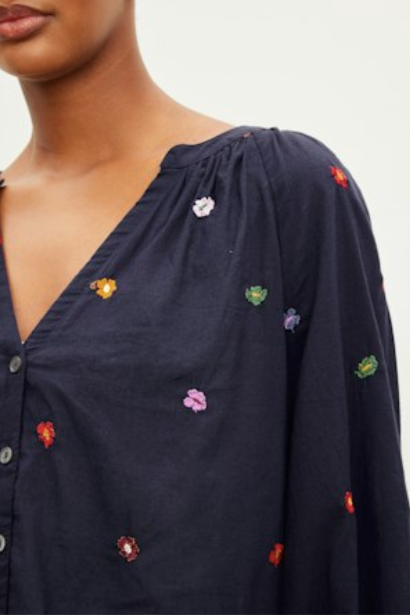 Velvet, Aretha Novelty Embroidery Top- Navy