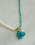 Beaded Loopstring Necklace with Enamel Fish Cluster- Blue Amazonite/ Pearls