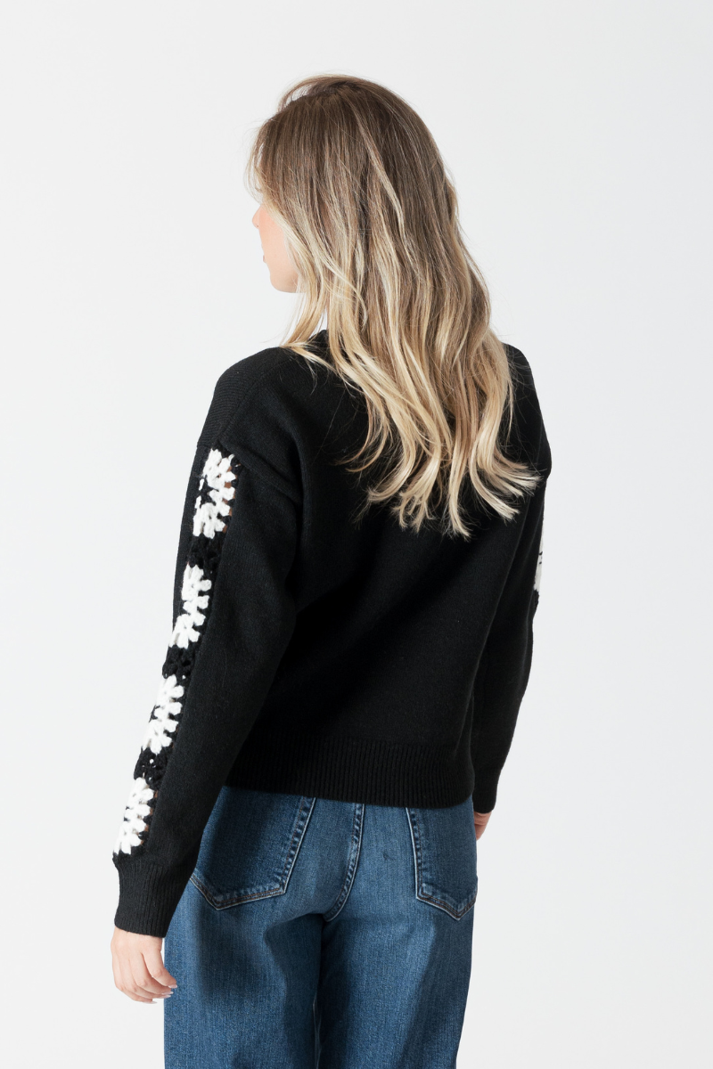 Lyla & Luxe, Raya Crewneck Sweater w/ Sleeve Embroidery-Black/White