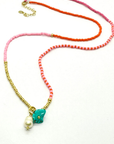 Beaded Necklace with Pearl- Pink/Orange& Turquoise