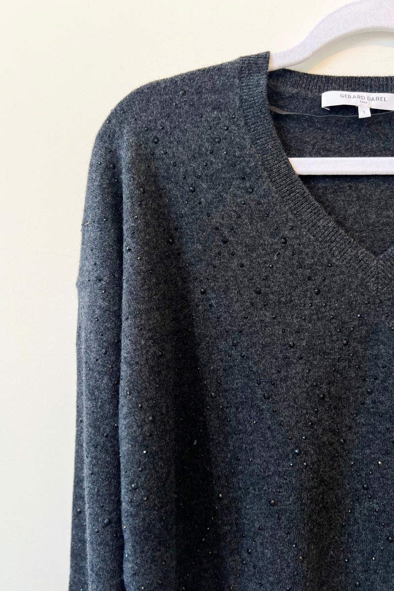 Gerard Darel, Edwige V-neck wool sweater with rhinestones - Gris