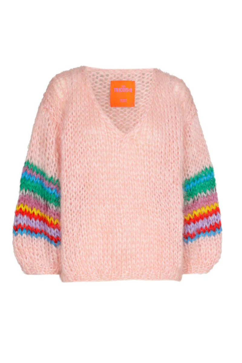 Les Tricots D'O, Eleanor Mohair V-Neck Sweater-Pink w/Coloured Sleeves