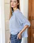 Emerson Fry, Mandarin Collar Organic Top- Indigo Stripe