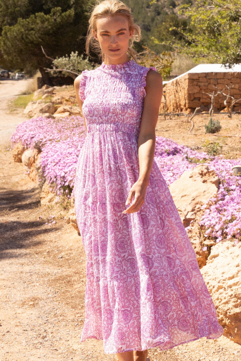 Oliphant, Sleeveless Smocked Maxi Dress-Malta Pink