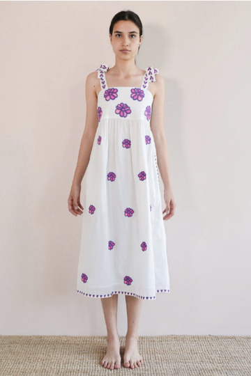 Nimo With Love, Agate Dress- White w/ Embroidered Funky Flowers