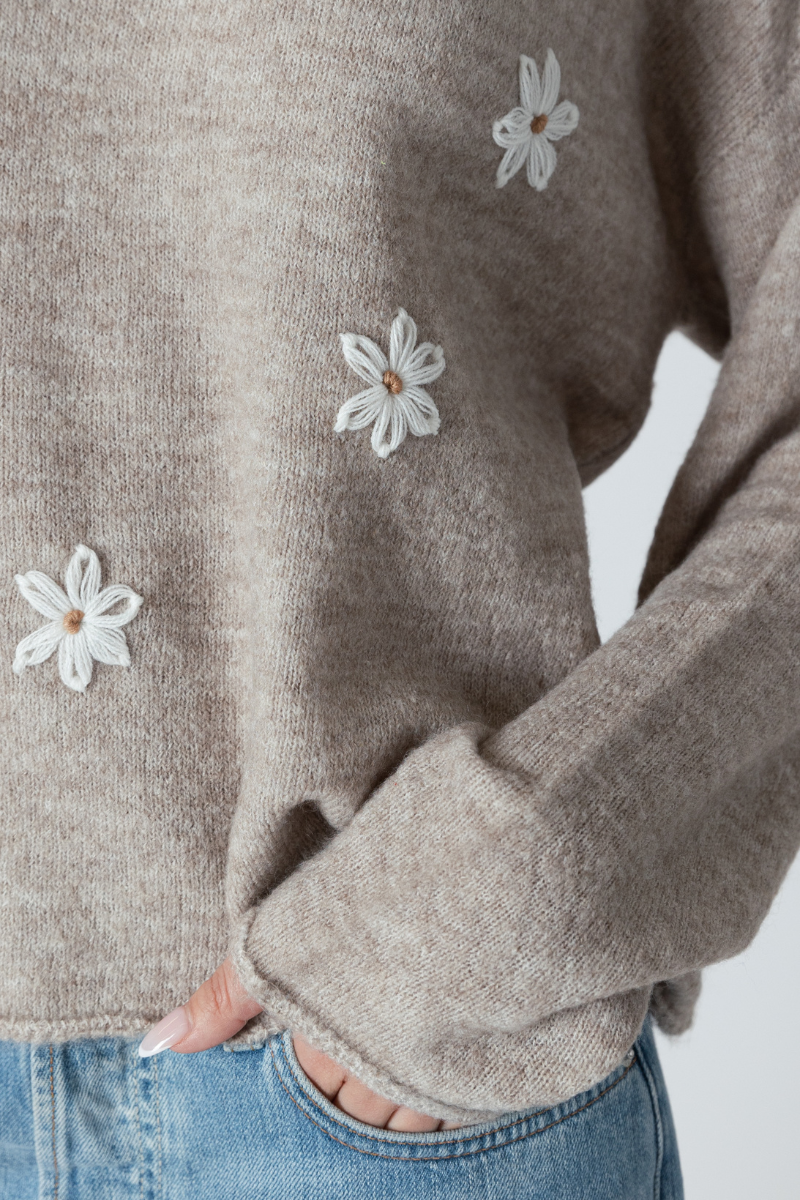 Lyla & Luxe, Aiden Daisy Crewneck Sweater with Embossed Flowers-Oat