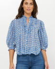 Oliphant, Ruffle Front Button Blouse- Aster Blue