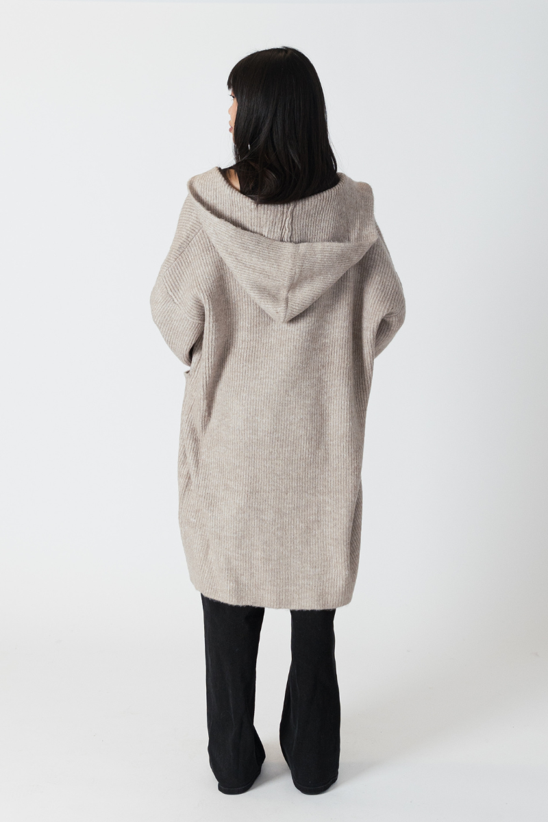 Lyla & Luxe, Darla Long Hooded Ribbed Coat-Driftwood