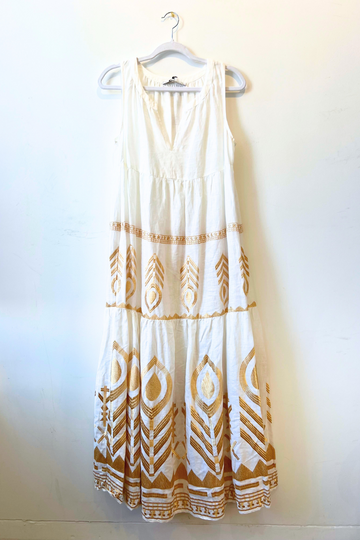 Greek Archaic Kori, Sleeveless Long Feather Dress- White/Gold