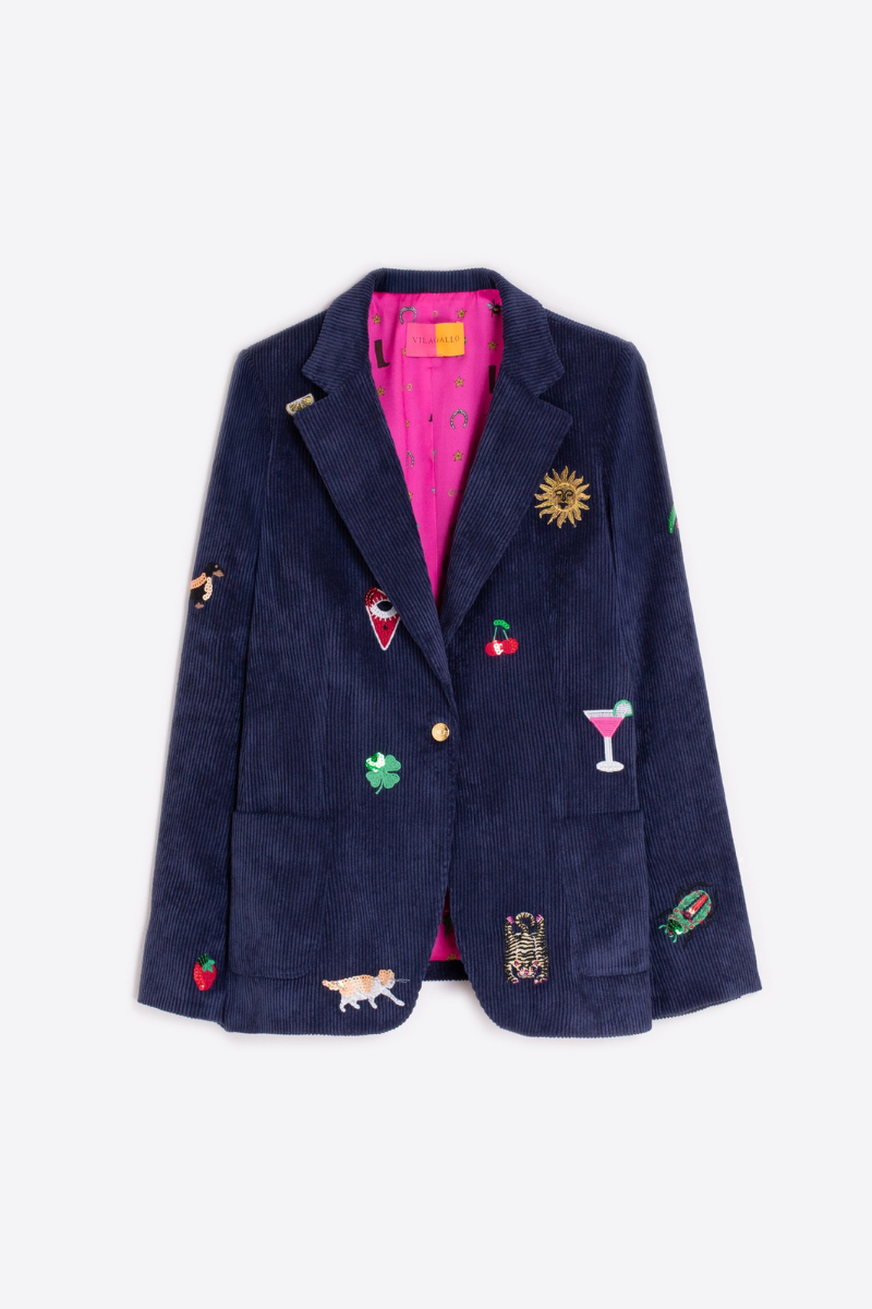 Vilagallo, Navy Cord Blazer w/ Embroidery