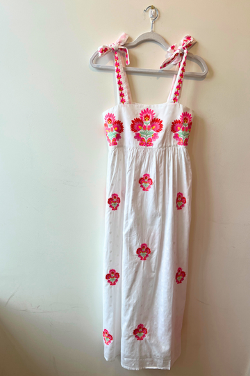 Nimo With Love, Agate Dress - White Jacquard with Flower bunch Embroidery