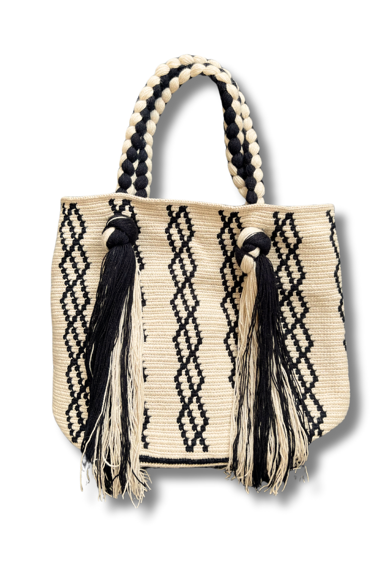 Le Pom Pom, Large Tassel Bucket Bag-Black/White