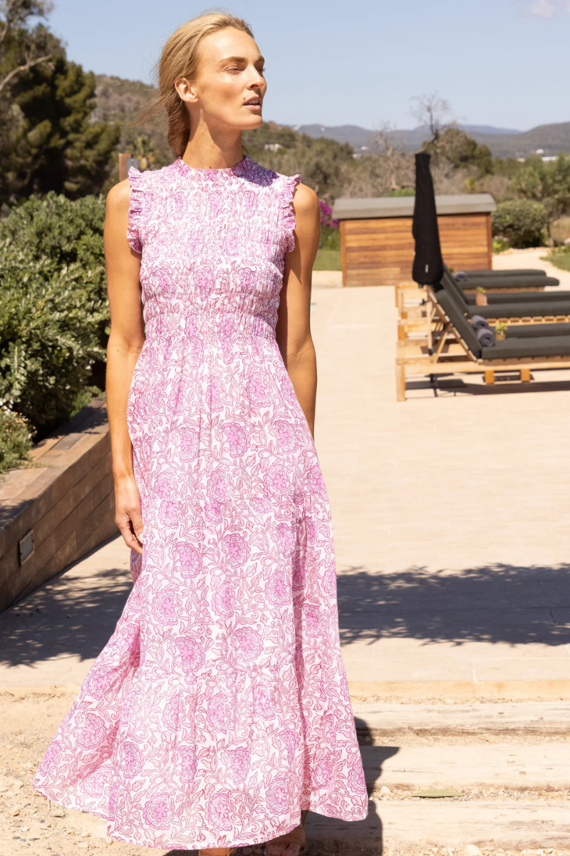 Oliphant, Sleeveless Smocked Maxi Dress-Malta Pink
