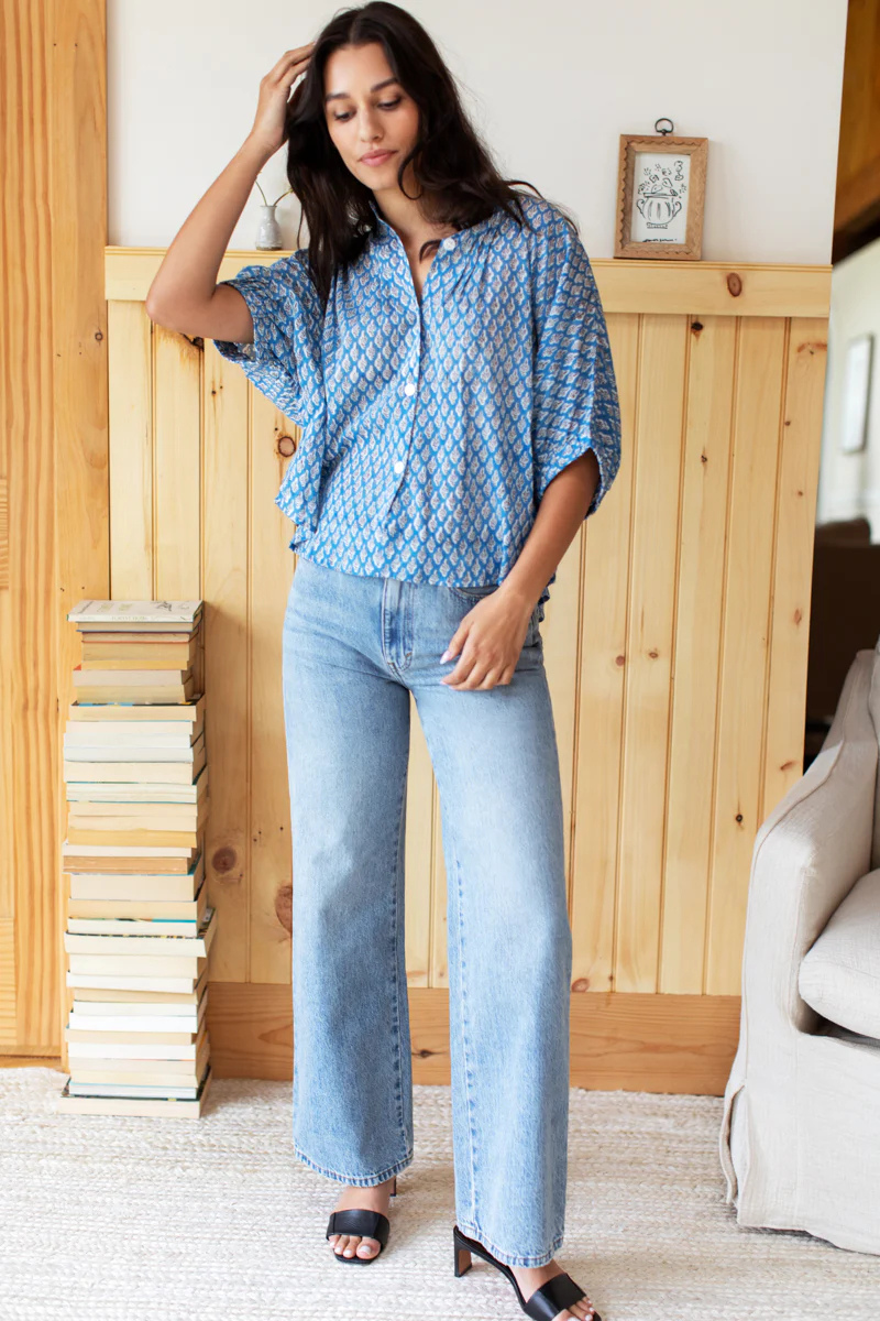 Emerson Fry, Mandarin Collar Top - Harlow Flowers Blue