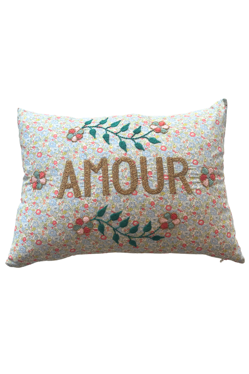 Embroidered Cushion AMOUR- White/Blue/Green/Orange/Gold