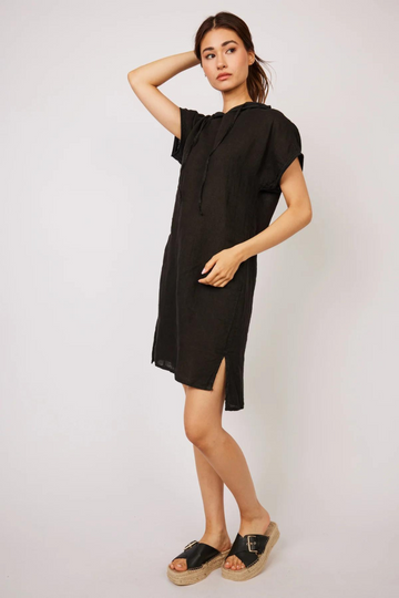 Pistache, Linen & Jersey Cotton Hooded Dress- Black