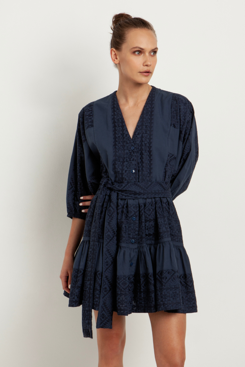 Greek Archaic Kori, Short Embroidered Dress- Navy