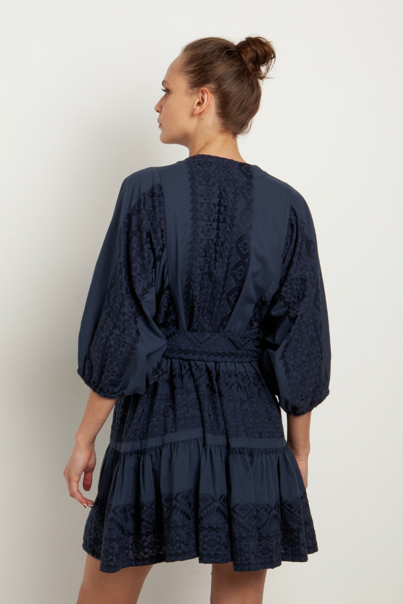 Greek Archaic Kori, Short Embroidered Dress- Navy