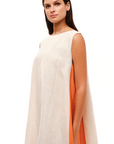 Haris Cotton, A-Line Linen Dress w/ Colour Block Panels- Orange/Beige