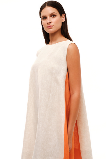 Haris Cotton, A-Line Linen Dress w/ Colour Block Panels- Orange/Beige