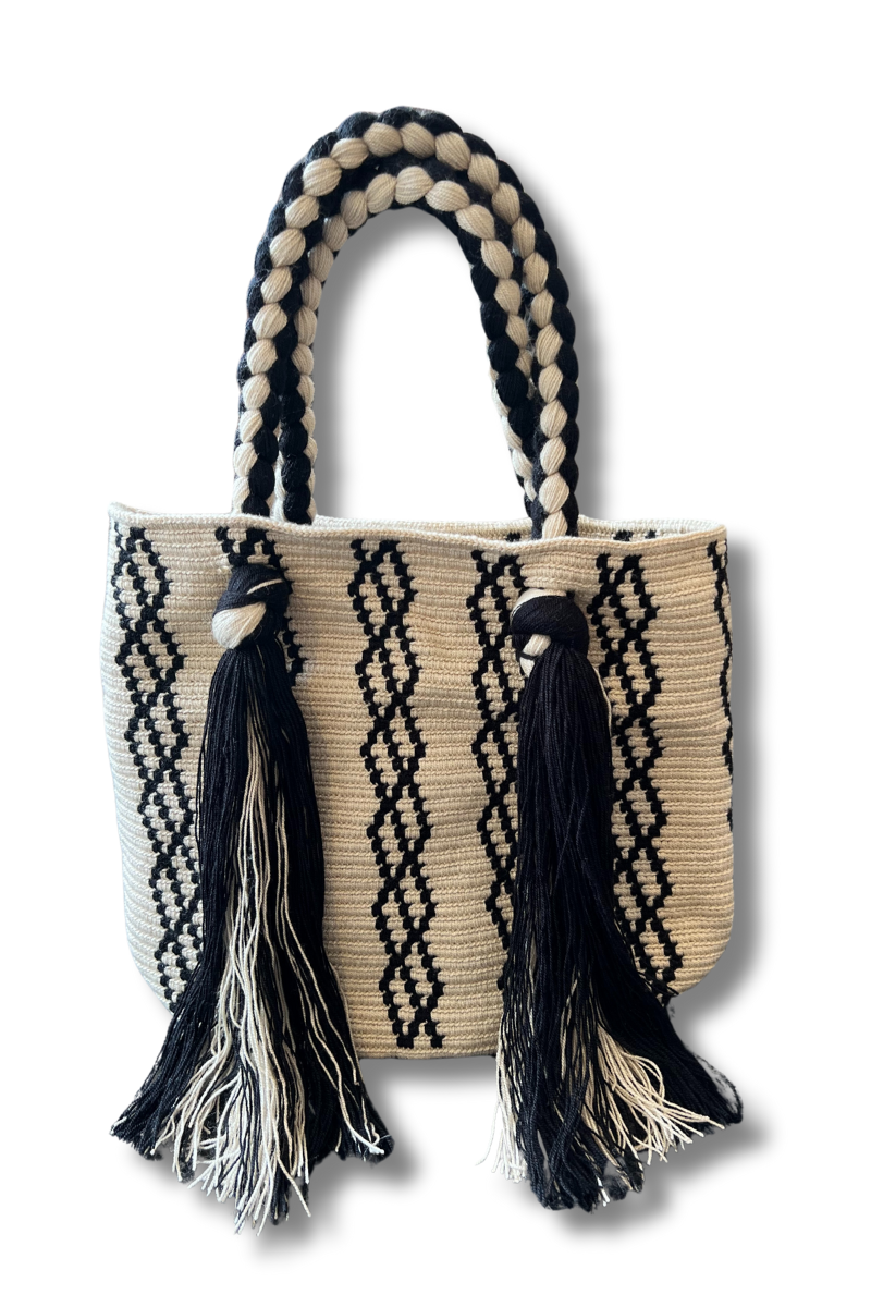 Le Pom Pom, Large Tassel Bucket Bag-Black/White