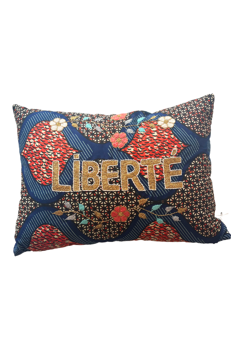 Embroidered Pillow LIBERTÉ- Navy/Orange/White/Gold