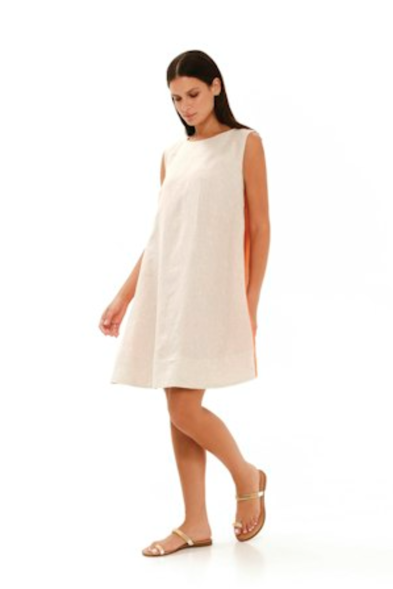 Haris Cotton, A-Line Linen Dress w/ Colour Block Panels- Orange/Beige