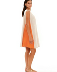 Haris Cotton, A-Line Linen Dress w/ Colour Block Panels- Orange/Beige