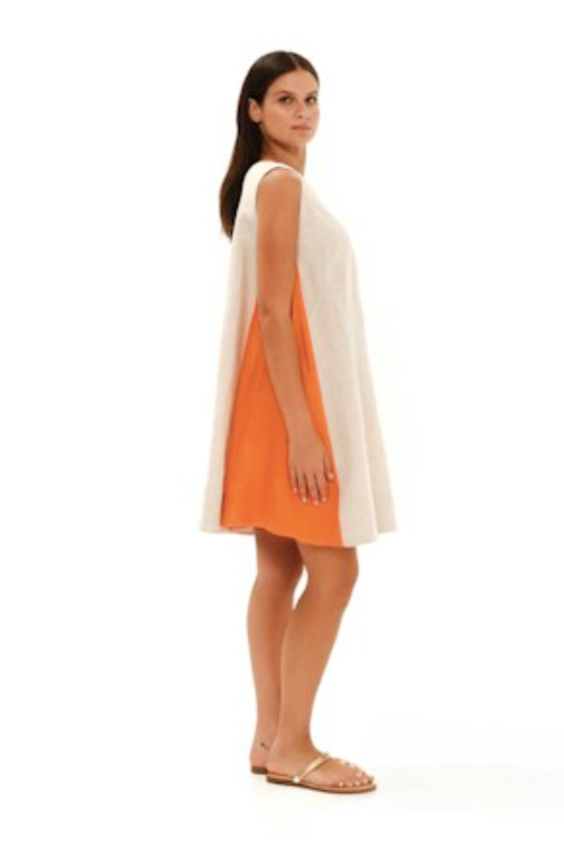 Haris Cotton, A-Line Linen Dress w/ Colour Block Panels- Orange/Beige