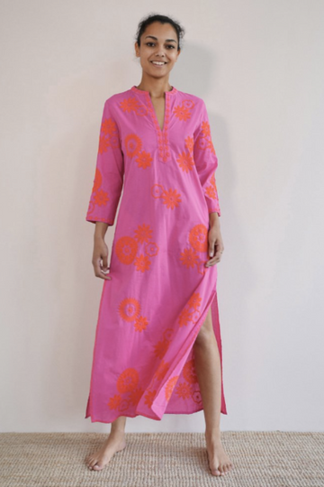 Nimo With Love, Sapphire Long Kaftan- Pink/Orange Flower Embroidered