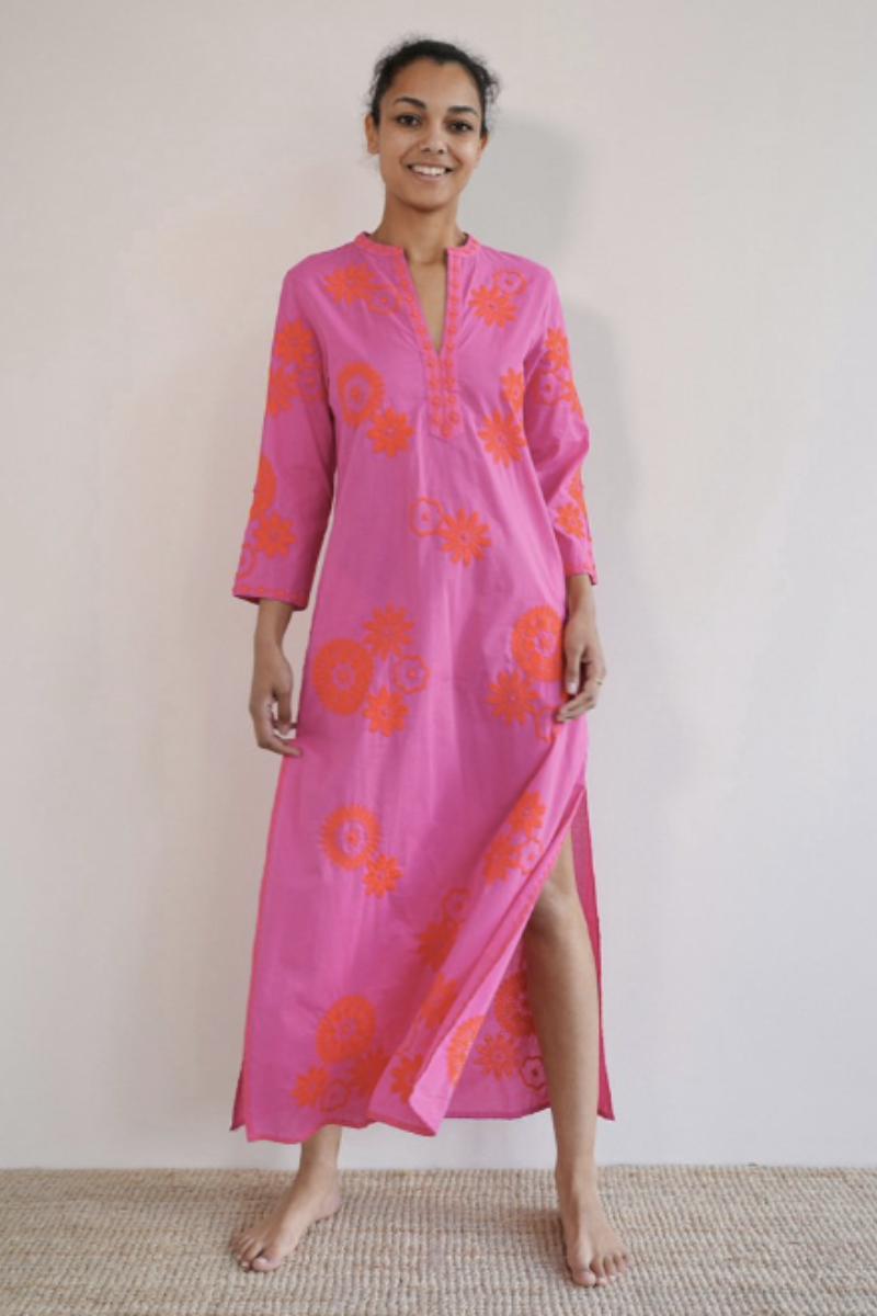 Nimo With Love, Sapphire Long Kaftan- Pink/Orange Flower Embroidered