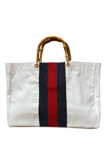 Tiana, Tote Bag with Bamboo Handles- White/Red/Blue