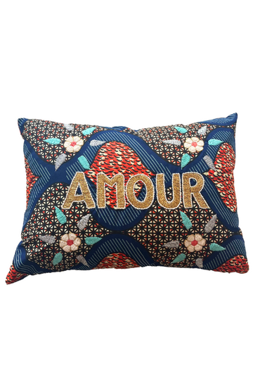 Embroidered Cushion AMOUR- Navy/Orange/White/Gold