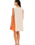 Haris Cotton, A-Line Linen Dress w/ Colour Block Panels- Orange/Beige