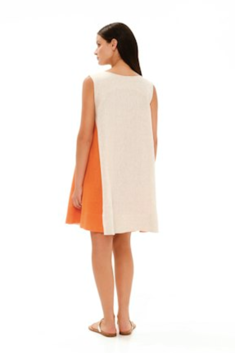 Haris Cotton, A-Line Linen Dress w/ Colour Block Panels- Orange/Beige