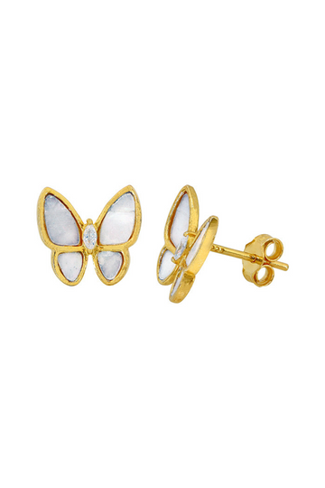 Gold Butterfly Stud Earrings with Cubic Zirconia & Mother of Pearl