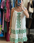 Greek Archaic Kori, Short Arrow Dress with Rope Ties- White/Green