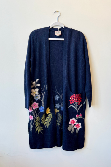 Quenna, Floral Garden Long Cardigan-Navy