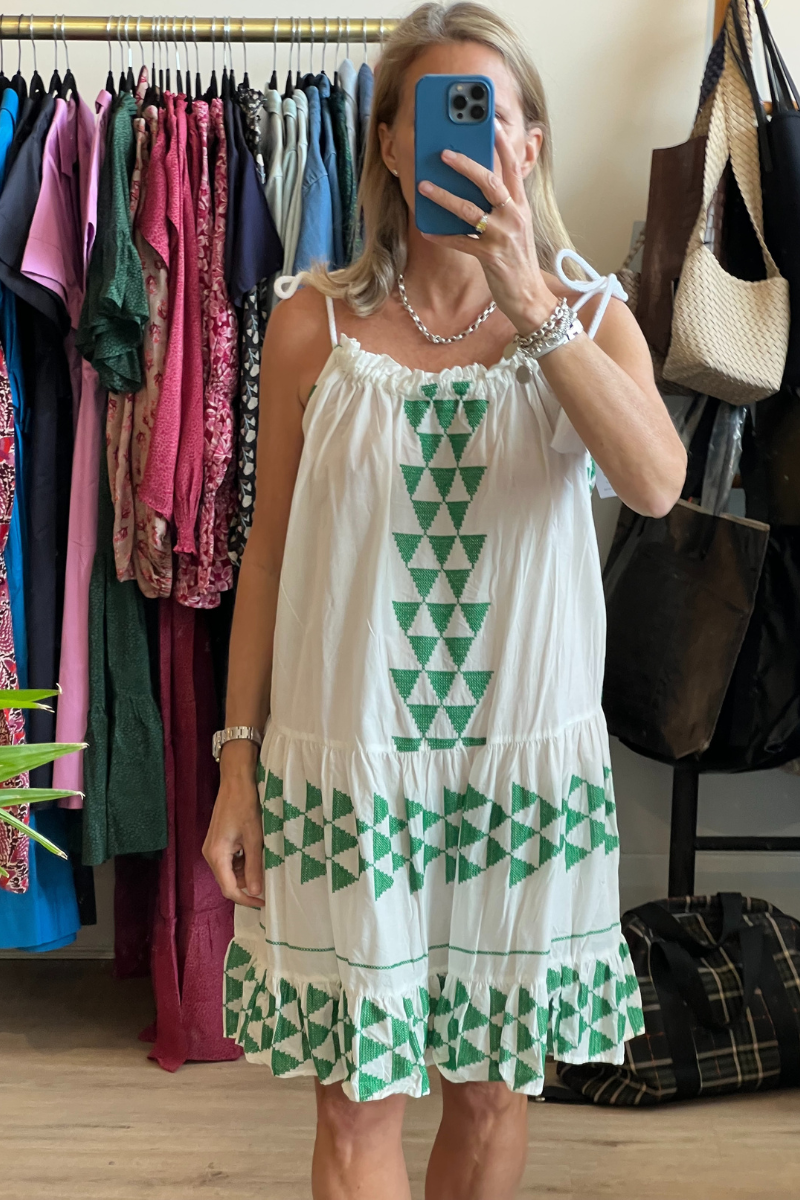 Greek Archaic Kori, Short Arrow Dress with Rope Ties- White/Green