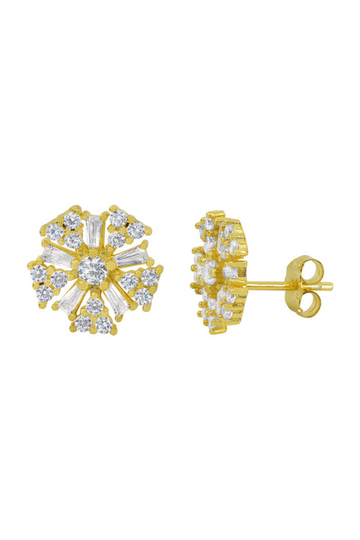 Gold 5-Petal Flower Stud Earrings with Cubic Zirconia