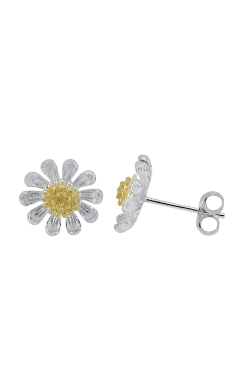 Silver Two-Tone Flower Stud Earrings