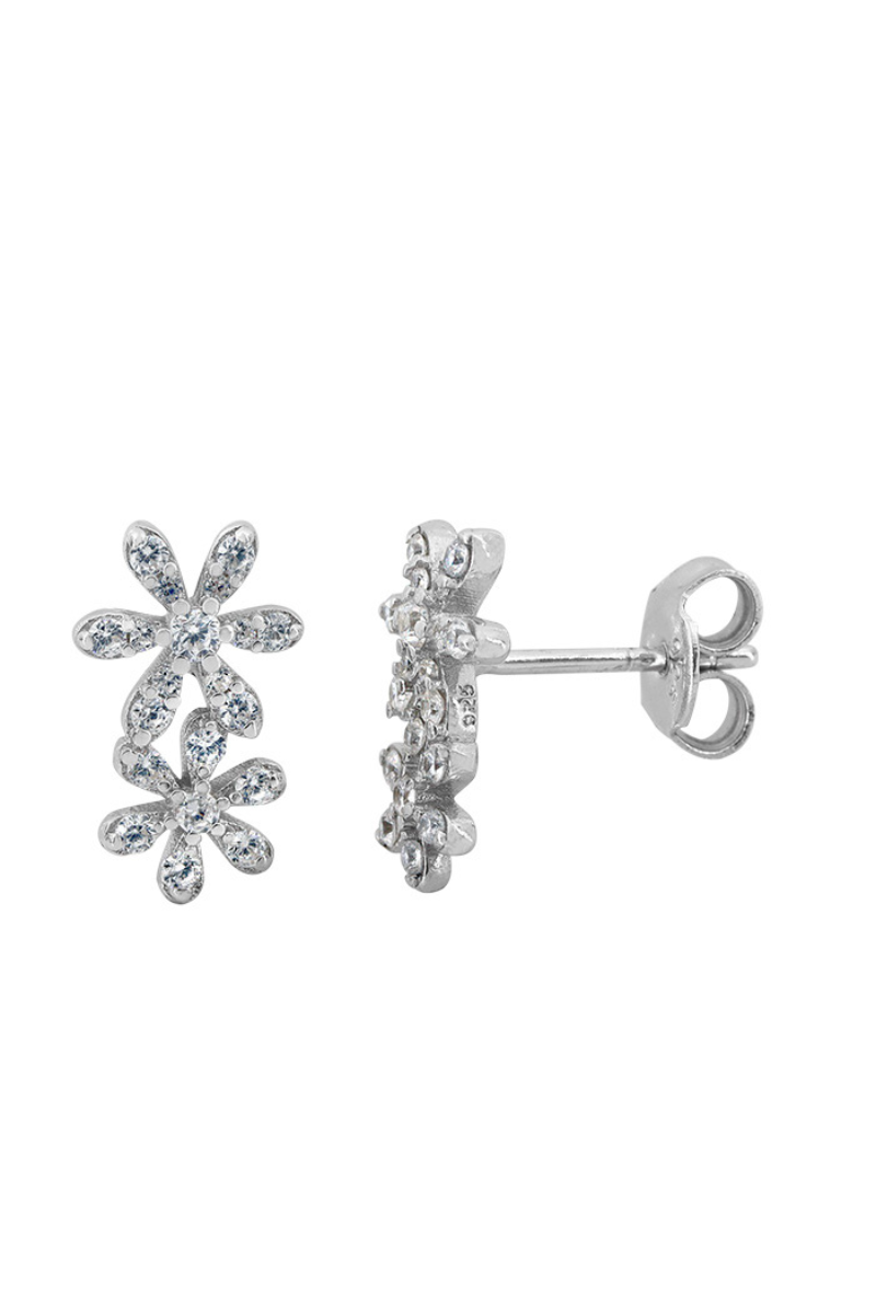 Double Flower Stud Earrings With Cubic Zirconia