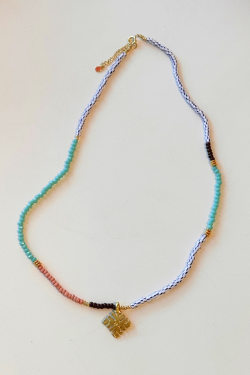 Blue, Aqua, & Pink Beaded Necklace w/Ethiopian Cross