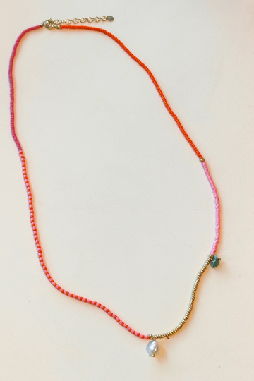 Beaded Pink & Orange Neclace with Pearl Pendant
