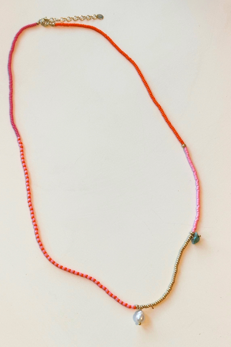 Beaded Pink & Orange Neclace with Pearl Pendant