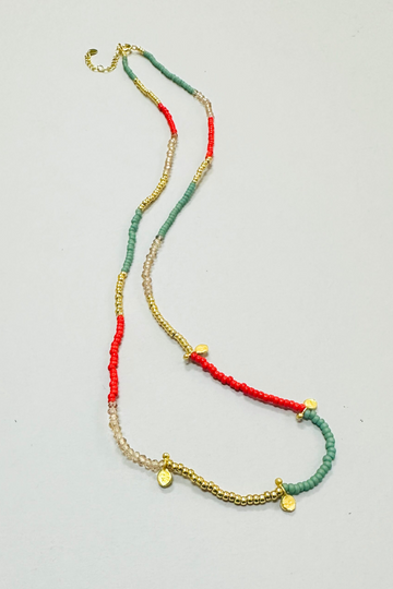 The Makery, Coral, Aqua, & Sand Beaded Necklace w/Gold Mini Discs