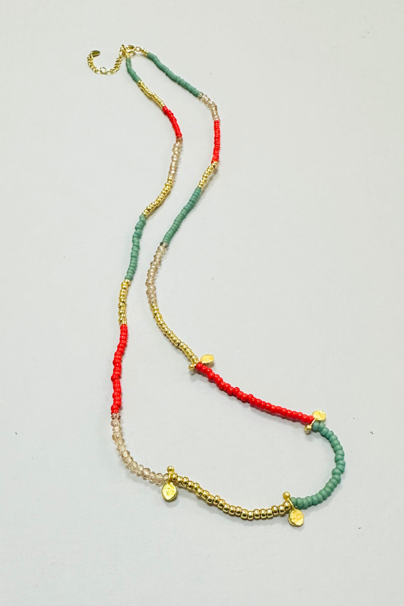 The Makery, Coral, Aqua, & Sand Beaded Necklace w/Gold Mini Discs