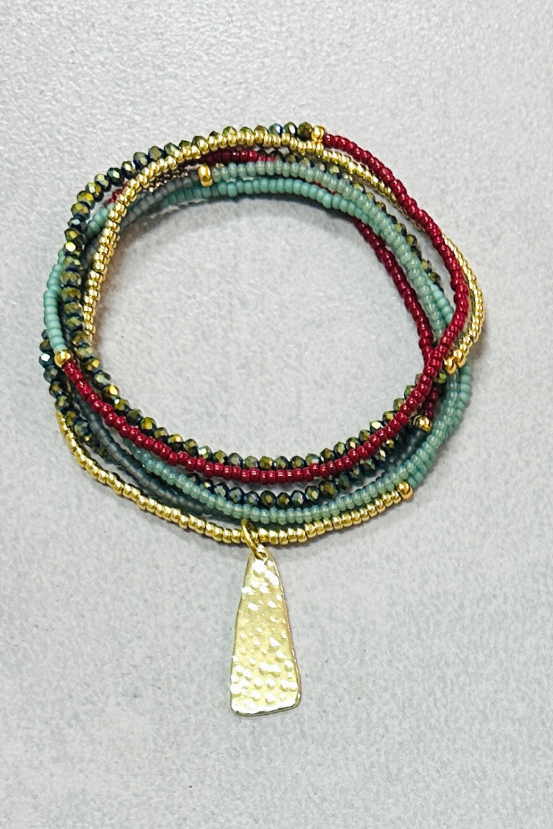 The Makery, Beaded Heartstring Necklace in Teal & Wine w/Gold Pendant